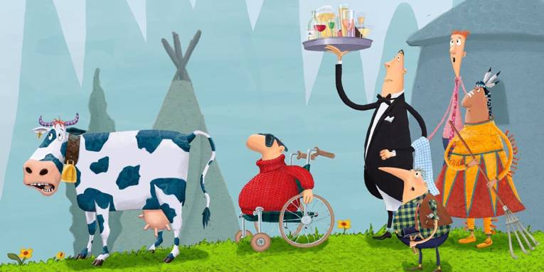 Eine Kuh, ein Rollstuhlfahrer, ein Kellner mit Tablett, ein Handwerker, ein Indianer und ein sehr dünner Mann gehen über eine Wiese (Animationsfilm)